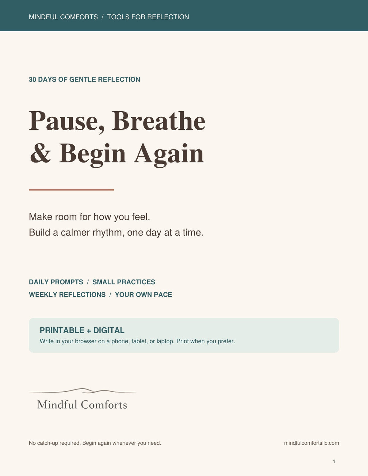 Pause, Breathe & Begin Again printable and fillable journal